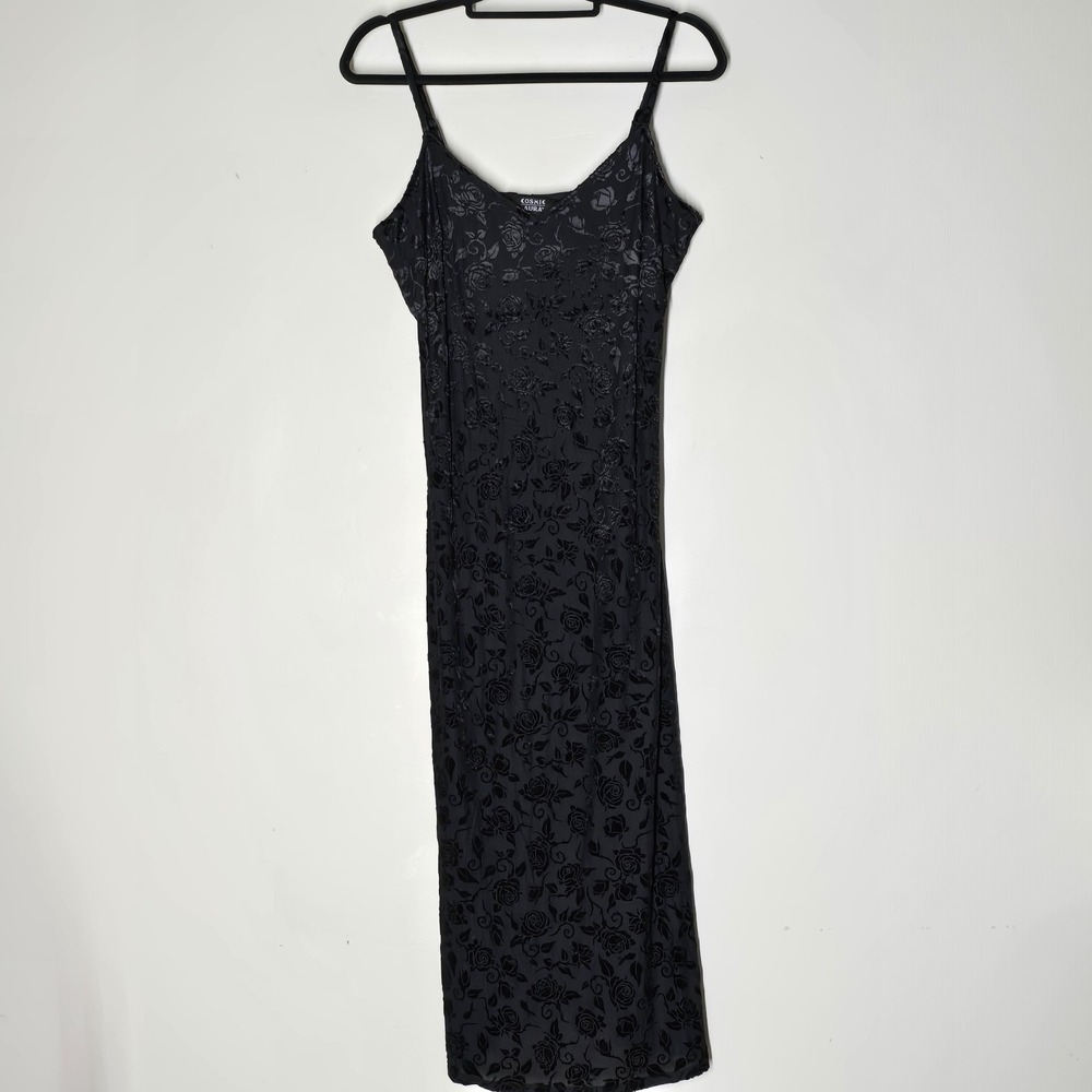 Cosmic Aura Black Floral Rose Burnout‎ Velvet Midi Slip Dress V-Neck Gothic L